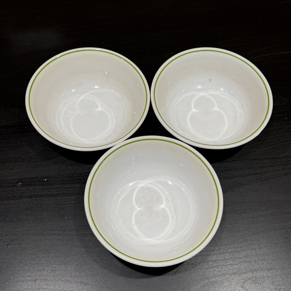 Corelle White Glass Cereal Bowls Green Rim 6.5in Round Set of 3 Vintage READ